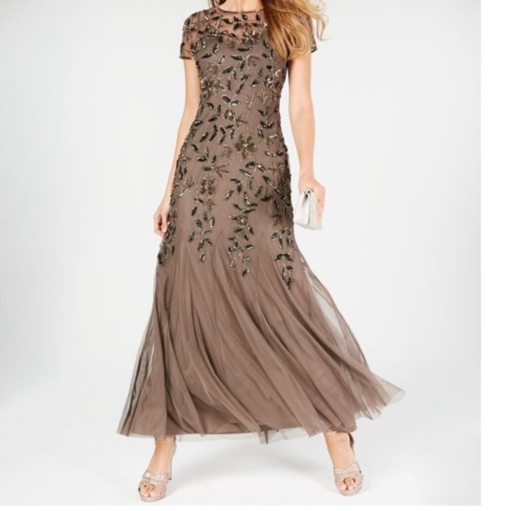 Adrianna Papell beaded long formal dress gown size 10 brown